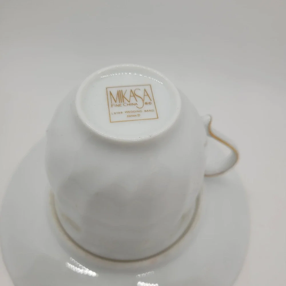 Mikasa Wedding Band Tea Cup Saucer Set Gold Trim White Fine China Japan